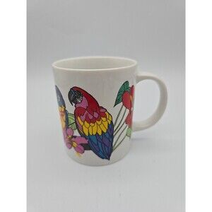 Agiftcorp Vtg 80’s Tropical Jimmy Buffett Parrots Ceramic Coffee Cup Vivid Color